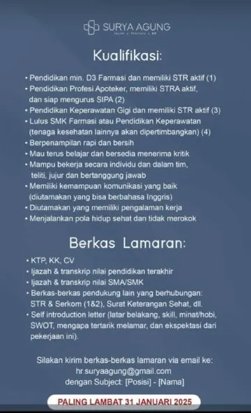 Lowongan Kerja Terbaru Apotek Surya Agung & Nuer- Labuan Bajo Untuk Beberapa Posisi Lowongan Kerja Terbaru Apotek Surya Agung & Nuer- Labuan Bajo Untuk Beberapa Posisi