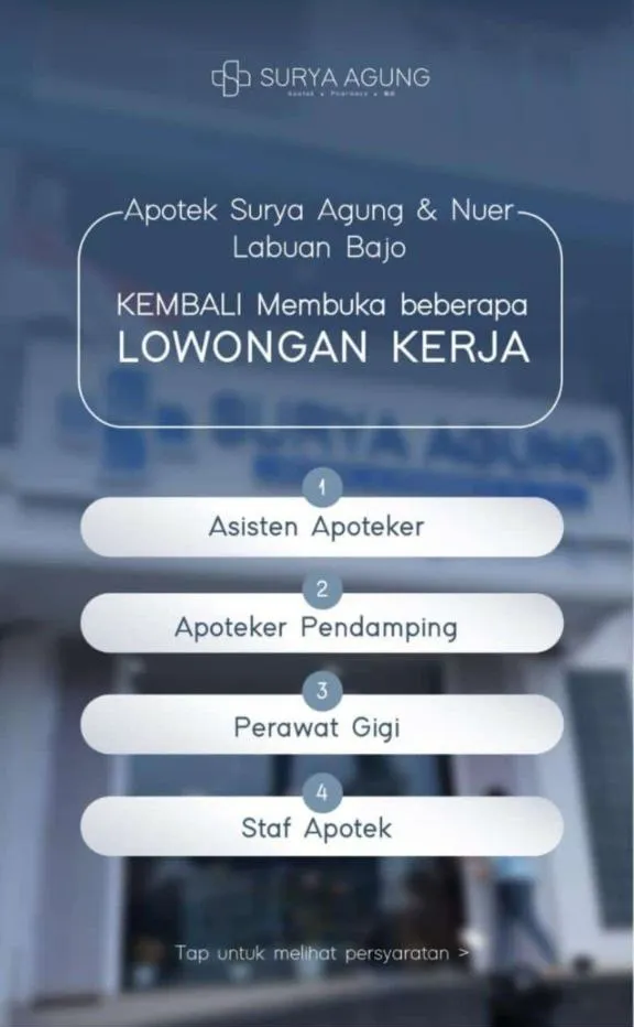 Lowongan Kerja Terbaru Apotek Surya Agung & Nuer- Labuan Bajo Untuk Beberapa Posisi Lowongan Kerja Terbaru Apotek Surya Agung & Nuer- Labuan Bajo Untuk Beberapa Posisi
