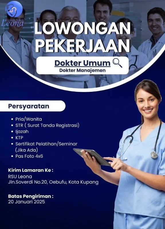 Lowongan Kerja Terbaru RS LEONA Posisi Dokter Umum (Dokter Manajemen) Lowongan Kerja Terbaru RS LEONA Posisi Dokter Umum (Dokter Manajemen)