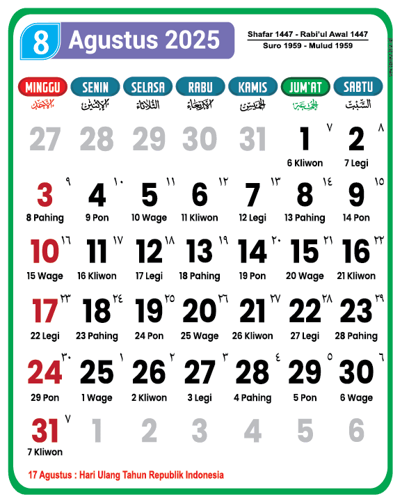Kalender Bulan Agustus 2025: Daftar Hari Libur & Tanggal Merah Kalender Bulan Agustus 2025