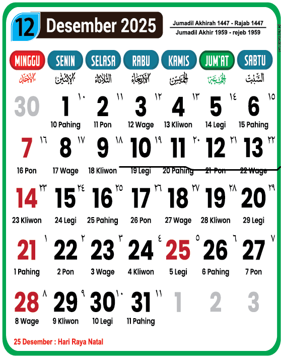 Kalender Bulan Desember 2025: Daftar Hari Libur & Tanggal Merah Kalender Bulan Desember 2025