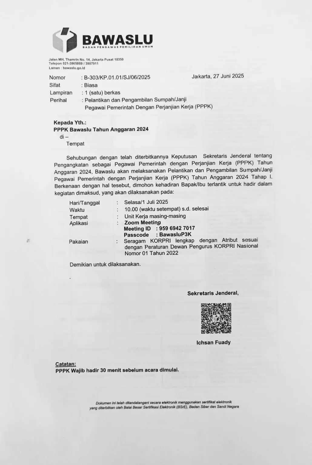 SK Sekretaris Jenderal Bawaslu RI Nomor: 6591.1/KP.01.01/SJ/06/2025